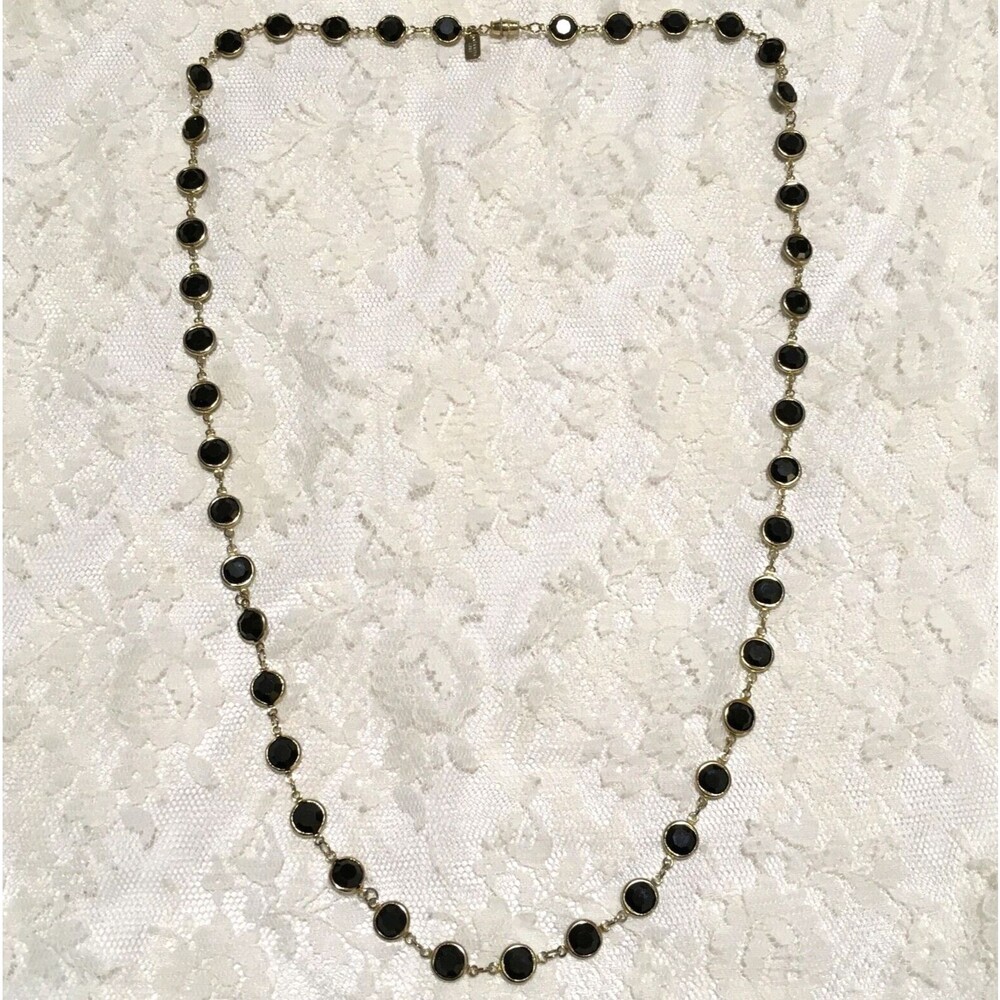 Vintage Kenneth Lane Open Bezel Crystal Necklace Gold Tone Black Layered 29"